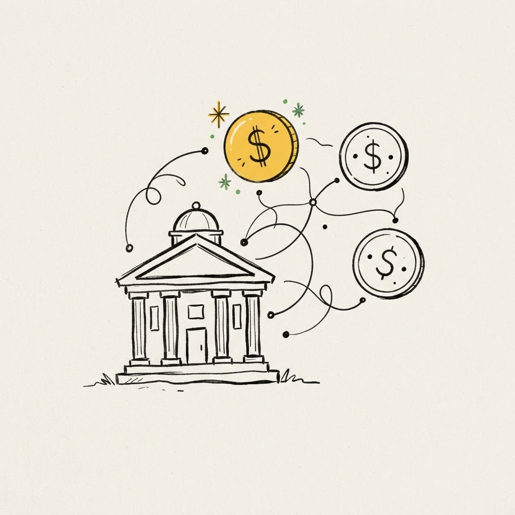 Doodle de um banco conectado a moedas